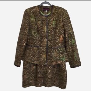 Tom and Linda Platt Womens 2 Piece Skirt Suit Set Green Tweed Sequined Size 12